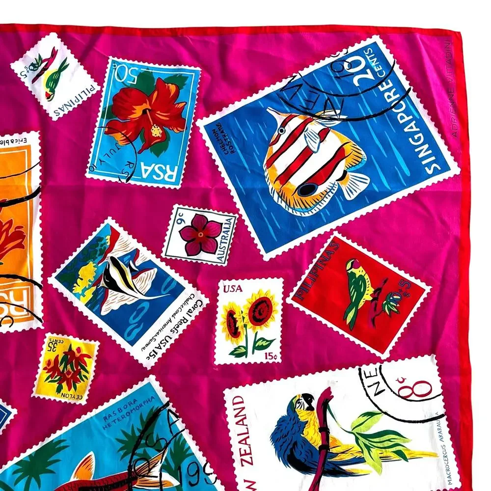 Vintage Adrienne Vittadini silk scarf square pink & colorful stamps travel theme